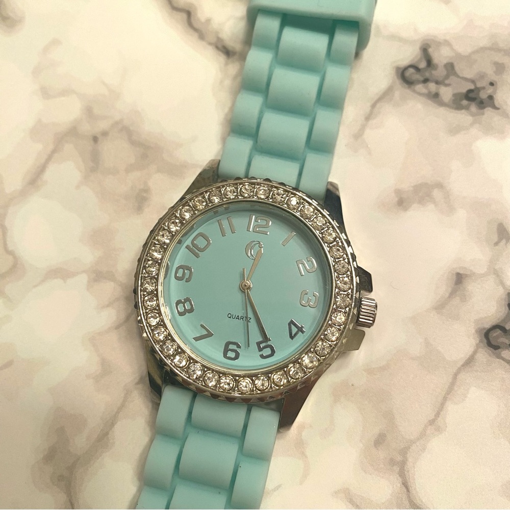 NWOT Charming Charlie Pastel Blue Green Crystal Halo Rubber Silicone Watch - Picture 2 of 10